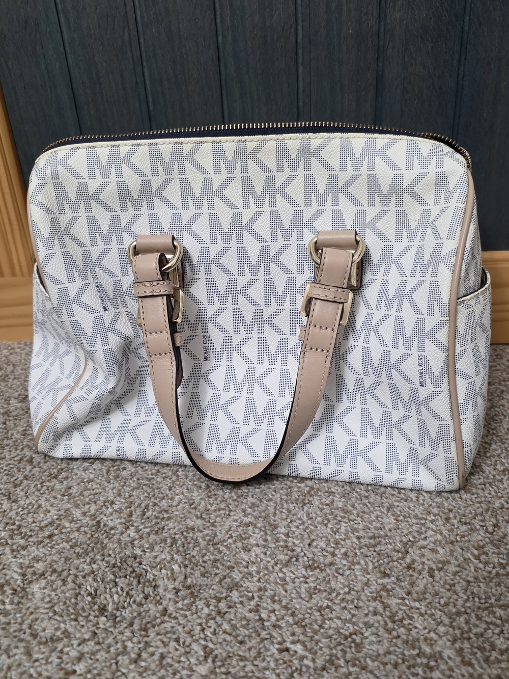 Michael Kors White MK Monogram Satchel with Beige Trim